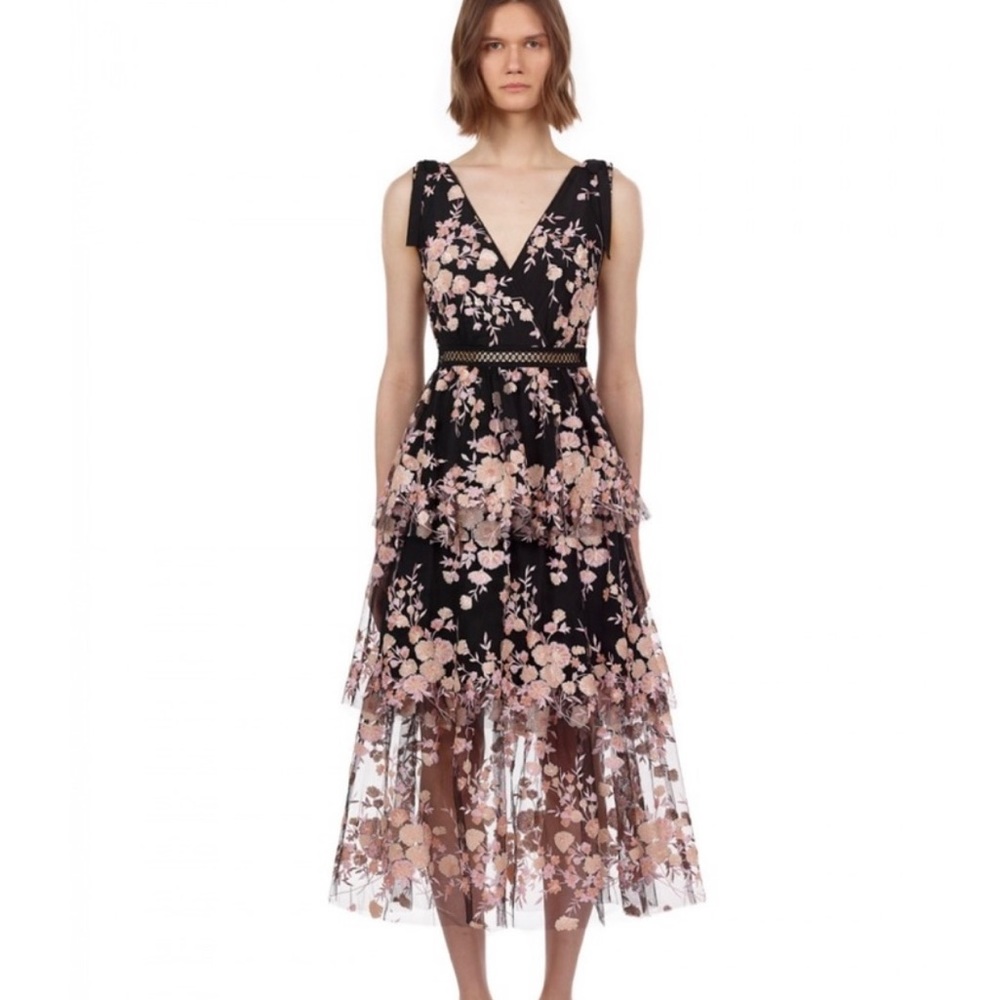 Self-Portrait Midnight Floral Mesh Midi Dress